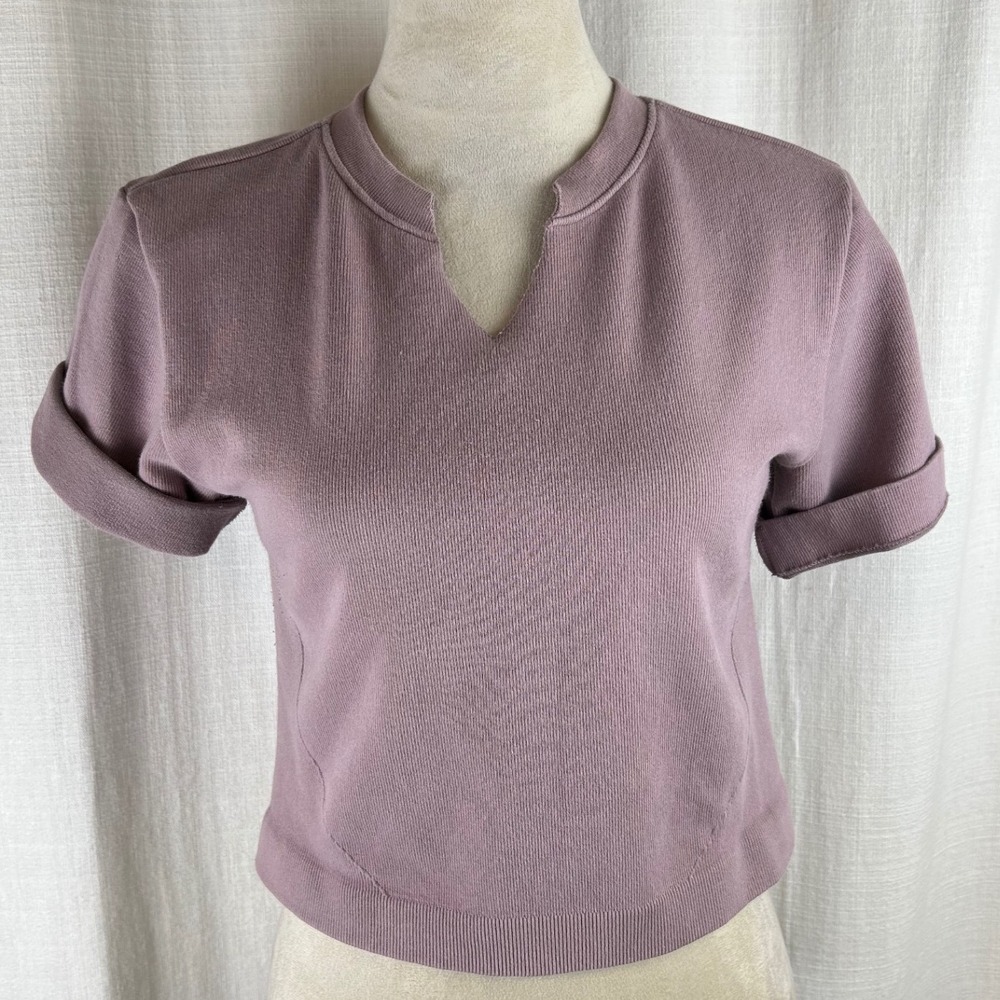 Everlane Women Dusty Mauve Ribbed Knit Notched Neck Short Sleeve Crop Top XL/XXL